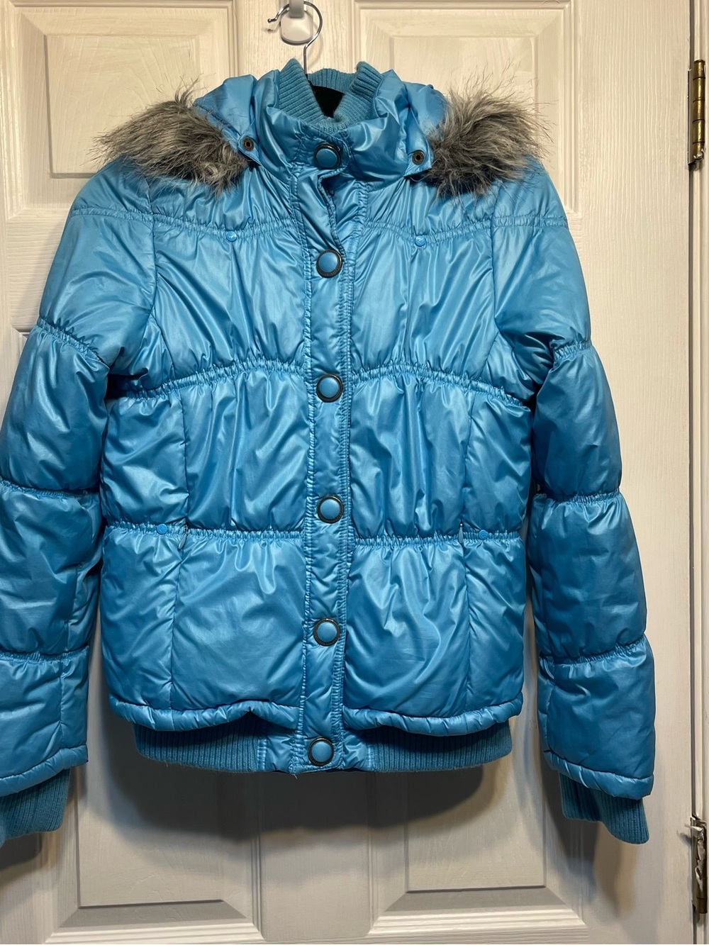 Justice Girls' Light Blue Puffer Jacket with Faux Fur Trim